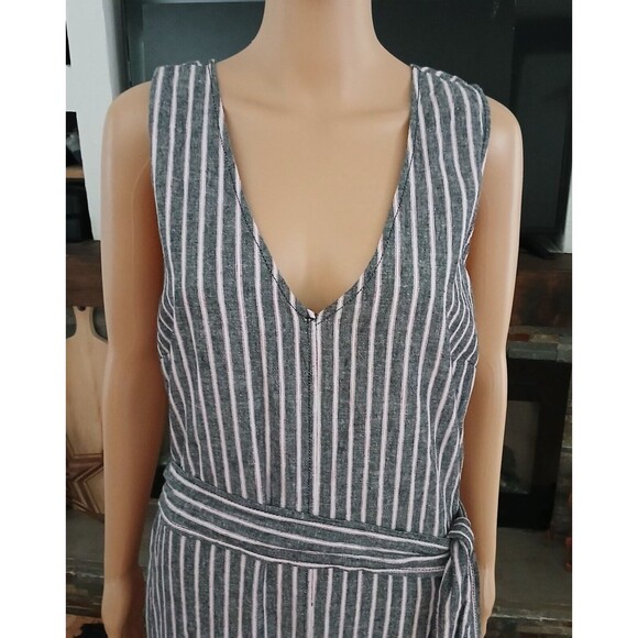 Wide Leg Linen Blend Jumpsuit Romper Sleeveless Pinstriped Pockets Wrap Belt XL - Picture 11 of 16